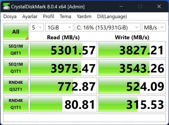 Adata Legend 850 Lite CrystalDiskMark Testi