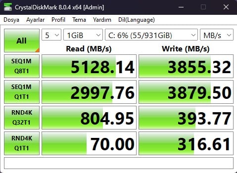 Corsair MP 600 Core XT 1TB SSD CrystalMark testi