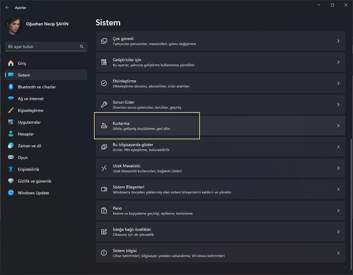 Windows 11 Kurtarma seçenekleri.