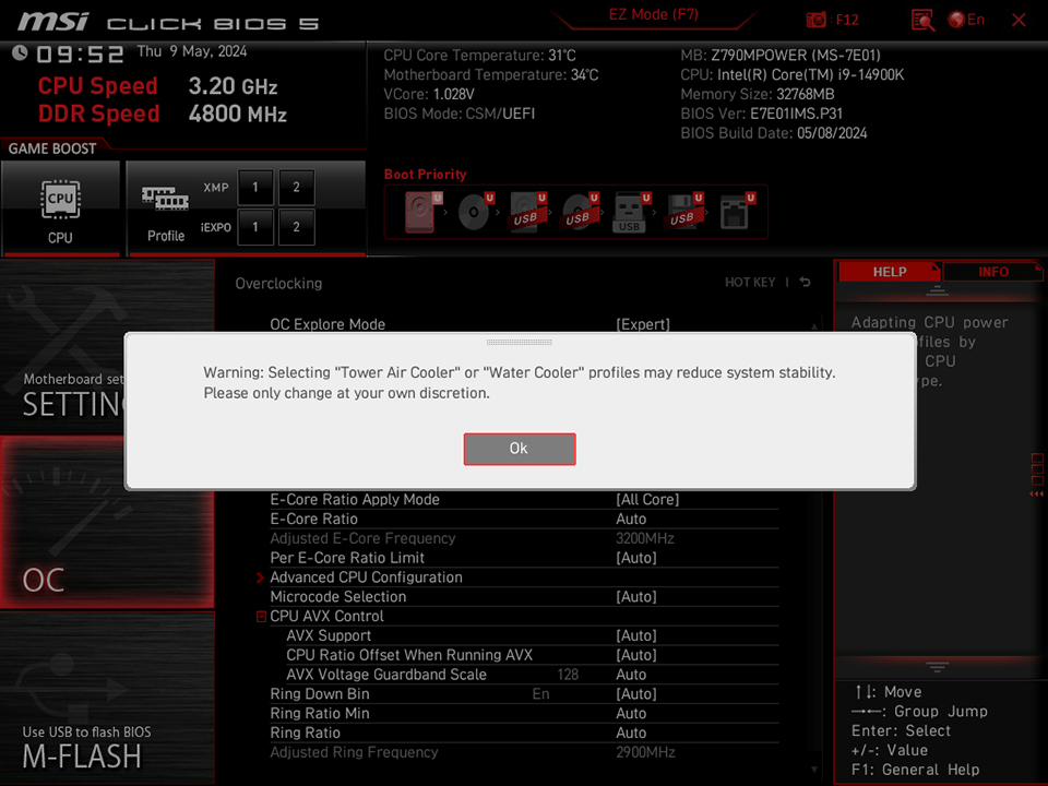 MSI Intel varsayılan ayarlar