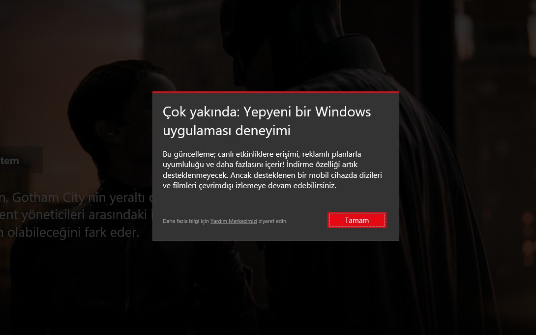 Netflix yeni Windows deneyim bildirimi.