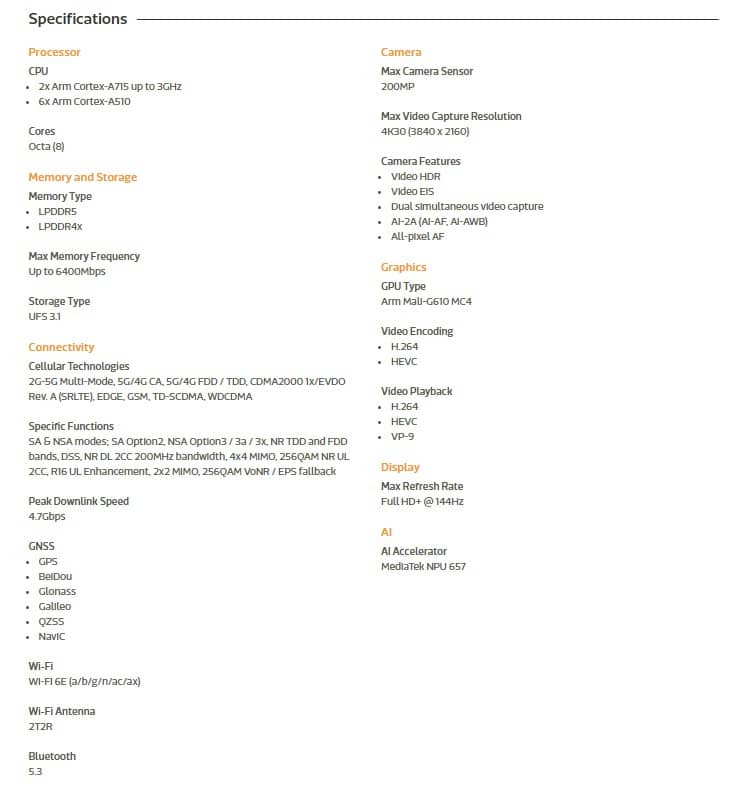 MediaTek Dimensity 7350 Özellik