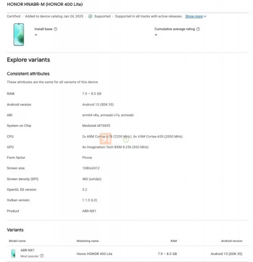 Honor 400 Lite Google Play Console