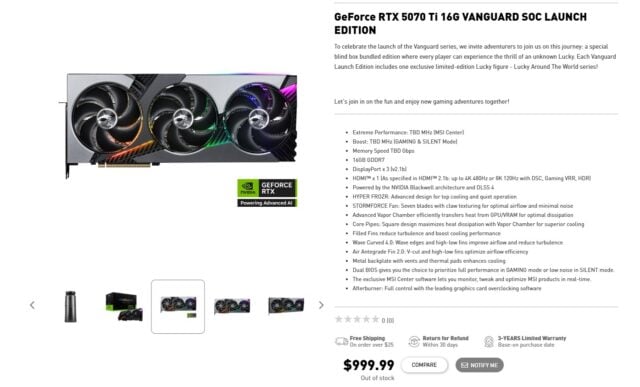 MSI, GeForce RTX 5070 Ti GPU’ların Fiyatlarını Sessizce Arttırdı