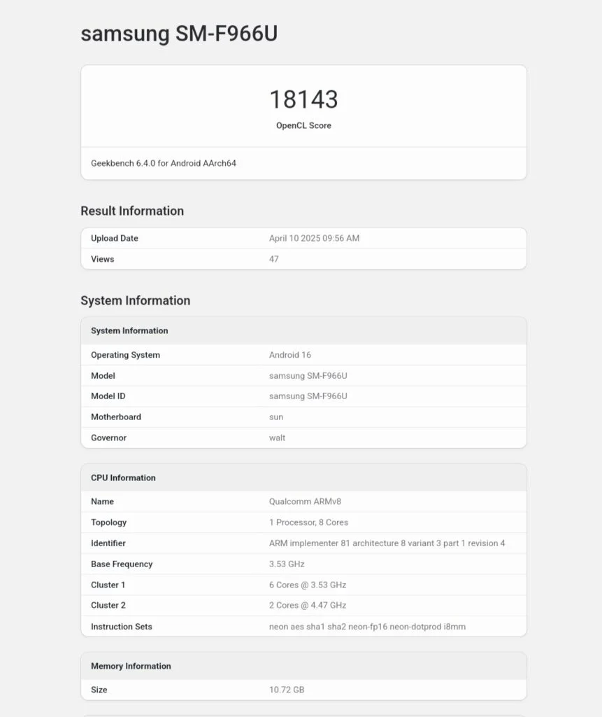 Samsung Galaxy Z Fold 7 Geekbench