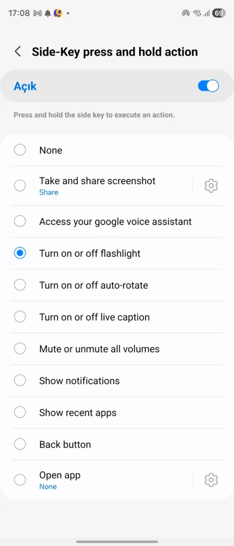 Samsung telefonlarda güç düğmesinin işlevini değiştirmek mümkün