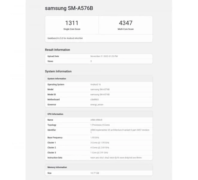 Galaxy A57 Geekbench skoru ortaya çıktı